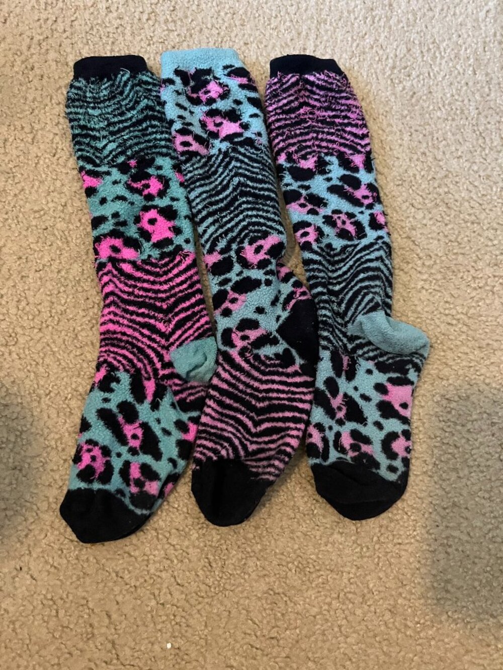3 Mis-match Knee-Length Socks | Pink/Green Animal Print | Size 6